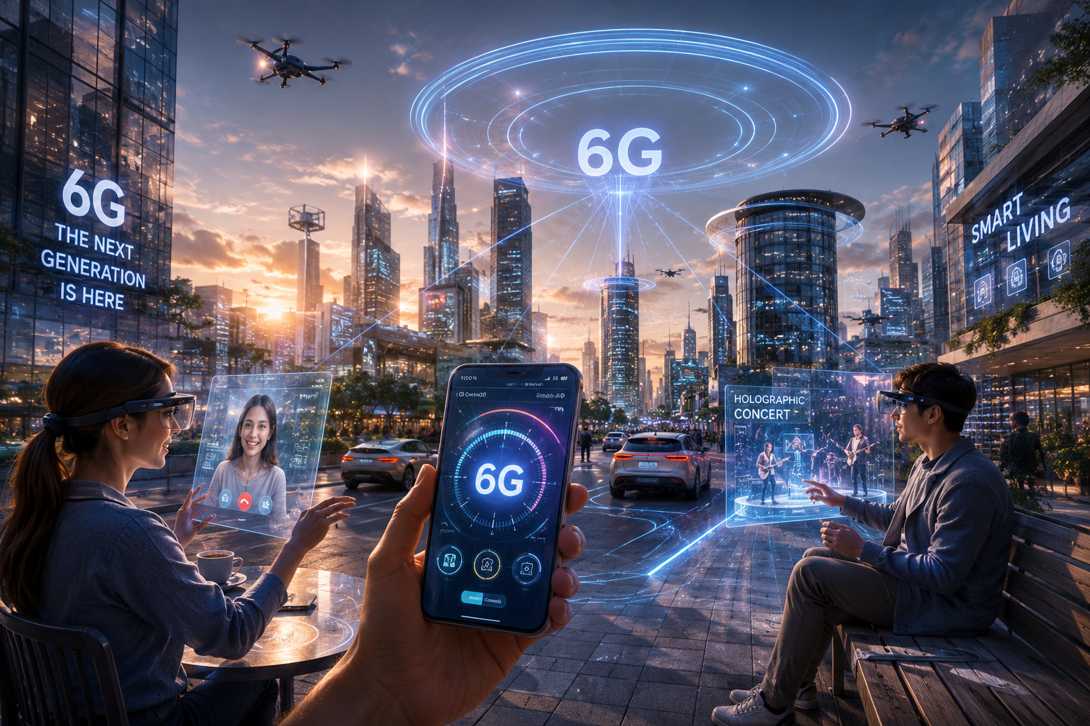 Futuristic smart city powered by 6G technology featuring holograms, autonomous vehicles, augmented reality, and ultra-fast wireless connectivity.