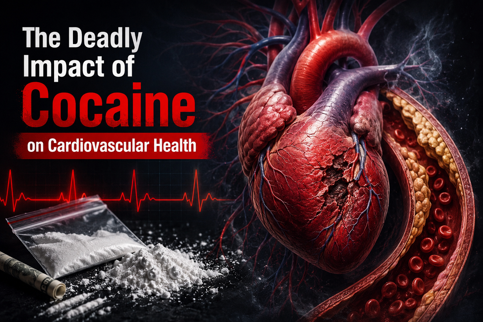 Damaged human heart next to cocaine powder illustrating the cardiovascular health risks of cocaine use, including heart attack, stroke, arrhythmia, and heart failure.
