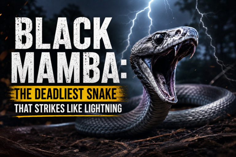 Black mamba snake with open mouth and visible fangs, illuminated by lightning in a dark forest setting.