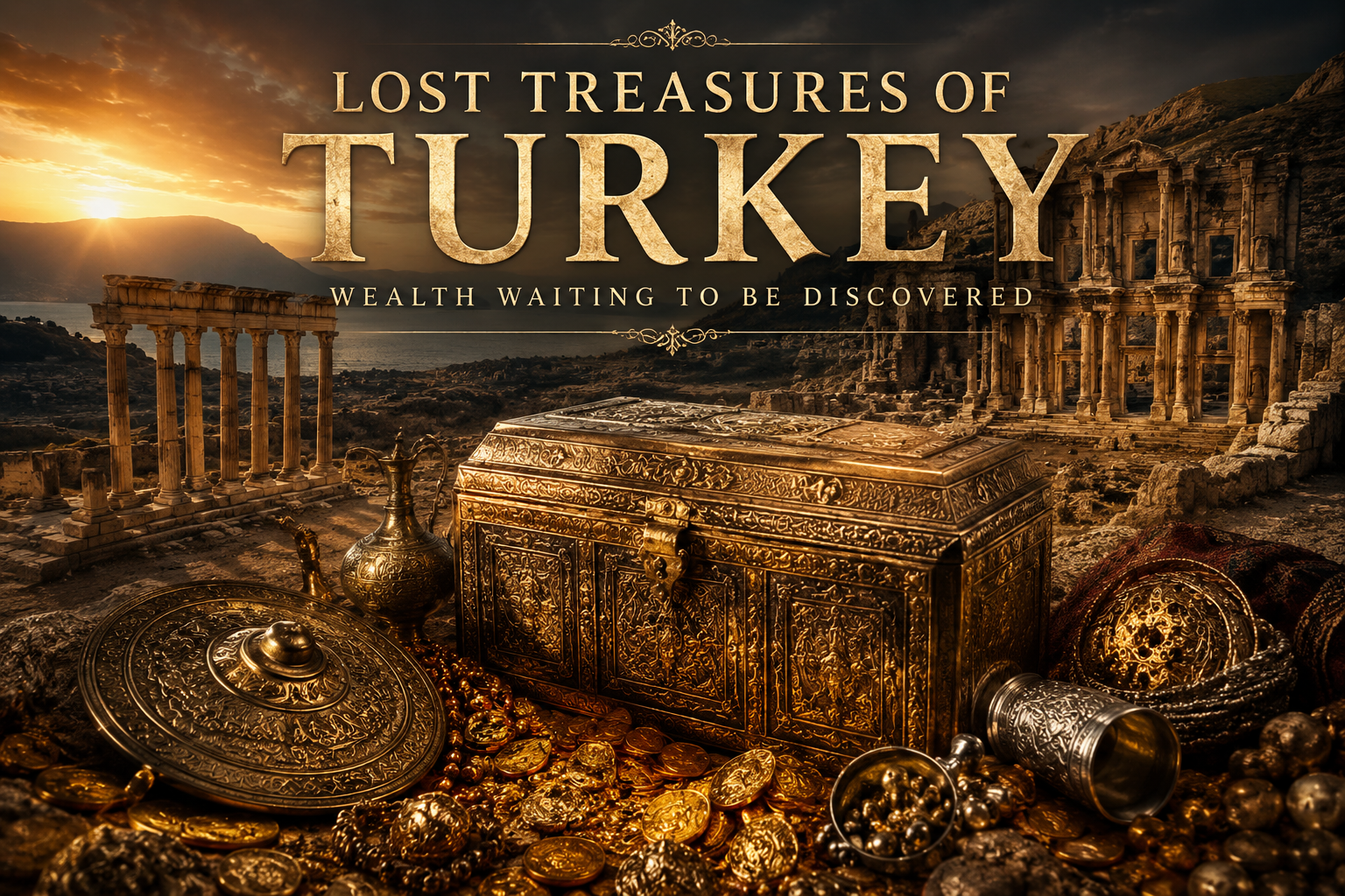 Ancient Turkish ruins surrounded by gold treasures, coins, and artifacts, representing the lost treasures of Turkey hidden throughout history.