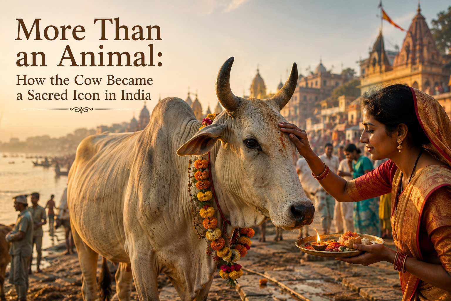 A sacred white cow adorned with flower garlands stands beside a Hindu woman performing a traditional ritual on the banks of a river in India during sunset.