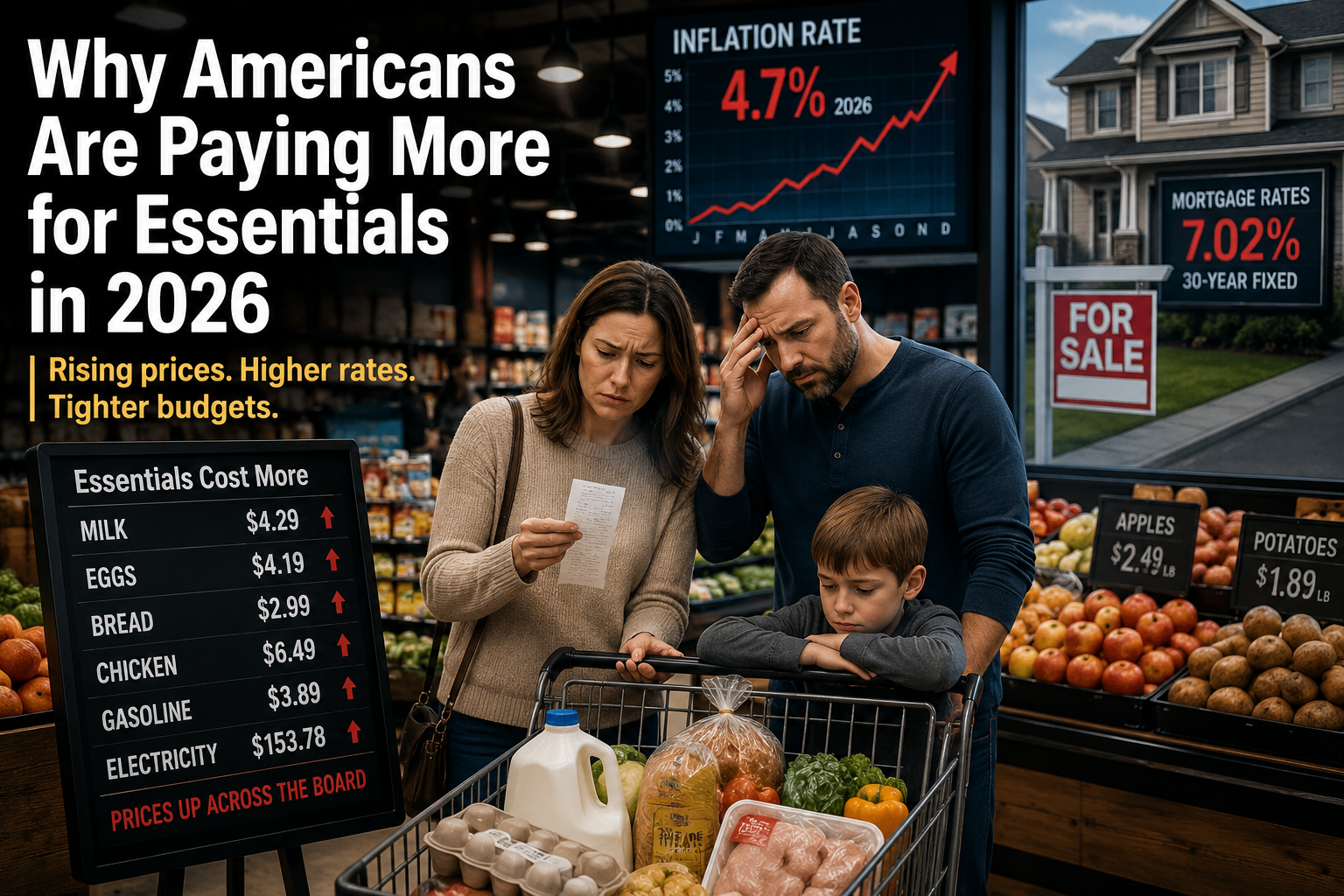 Concerned American family shopping in a supermarket as food prices rise, with inflation charts and high mortgage rates displayed in the background, illustrating the rising cost of living in the United States in 2026.