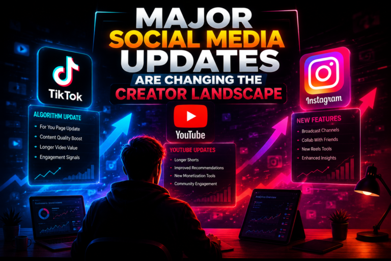 Creator analyzing major TikTok, Instagram, and YouTube updates on multiple screens with social media logos, analytics dashboards, and growth charts in a futuristic digital workspace.