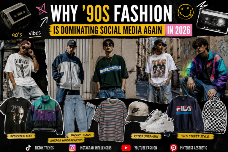 Collage showcasing 1990s-inspired men's streetwear fashion trends, including oversized T-shirts, baggy jeans, vintage windbreakers, retro sneakers, and social media-inspired style elements dominating fashion in 2026.