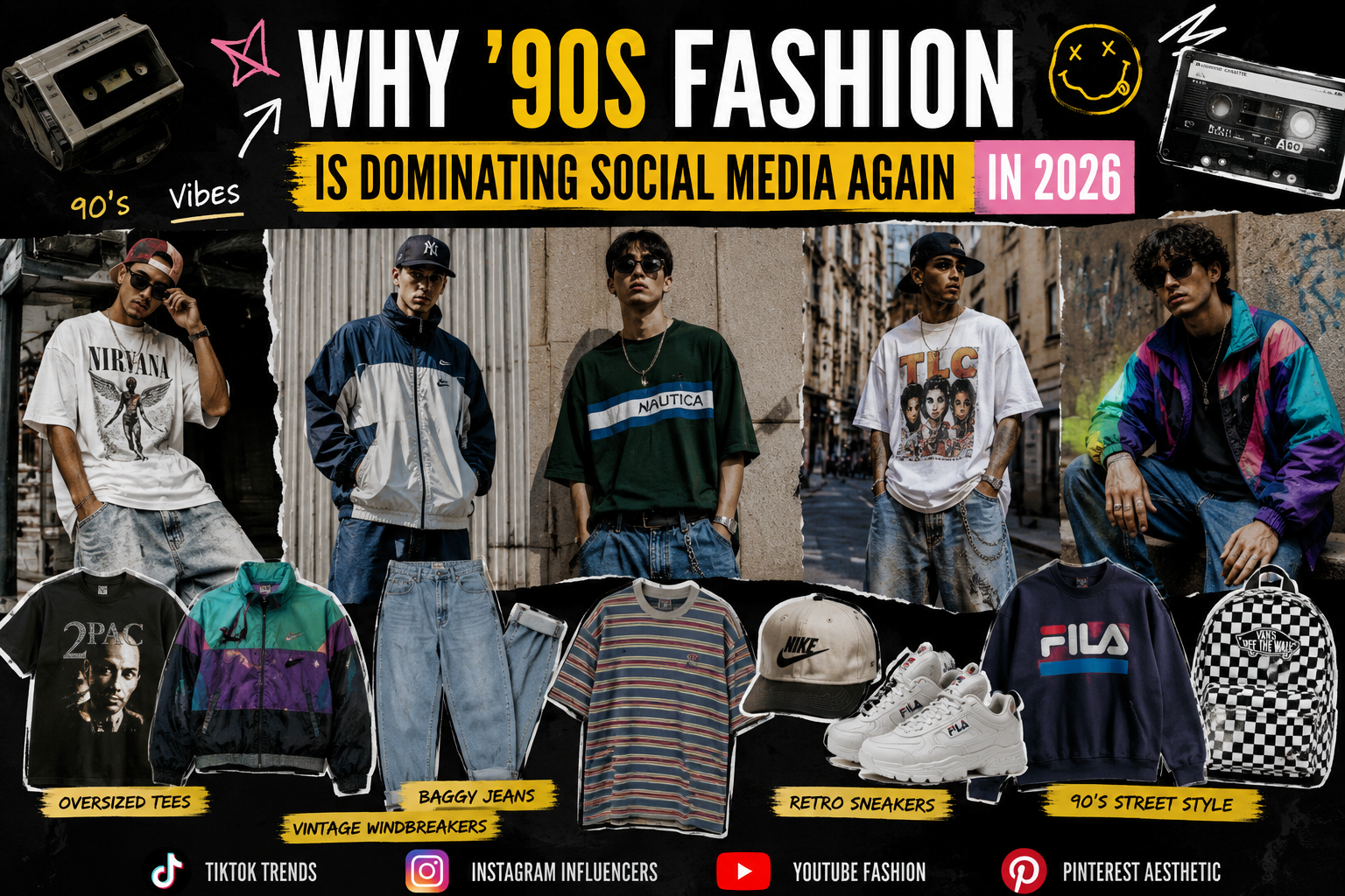 Collage showcasing 1990s-inspired men's streetwear fashion trends, including oversized T-shirts, baggy jeans, vintage windbreakers, retro sneakers, and social media-inspired style elements dominating fashion in 2026.