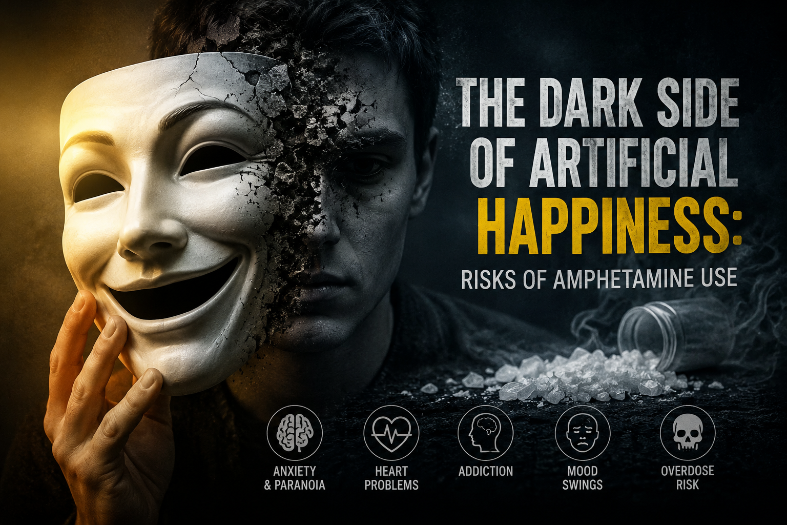 A dramatic image showing a smiling mask hiding a distressed face, symbolizing the illusion of happiness created by amphetamine use and its dangerous effects on mental and physical health.