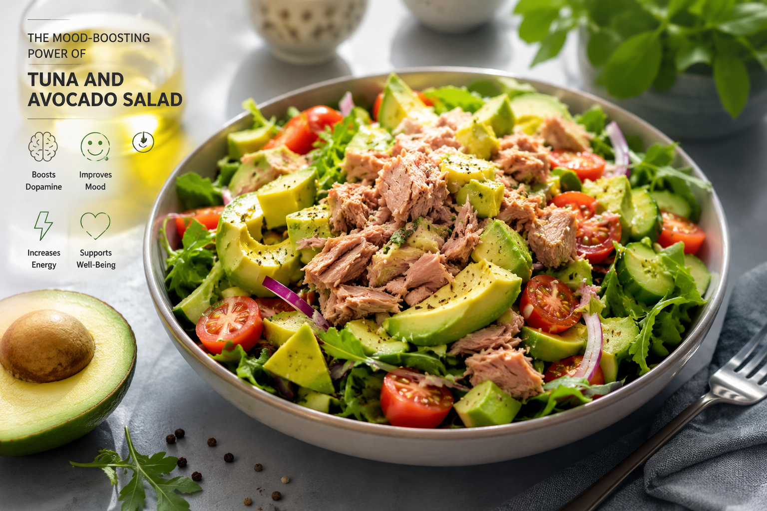 Fresh tuna and avocado salad with leafy greens, cherry tomatoes, and healthy ingredients known to support mood and dopamine production.
