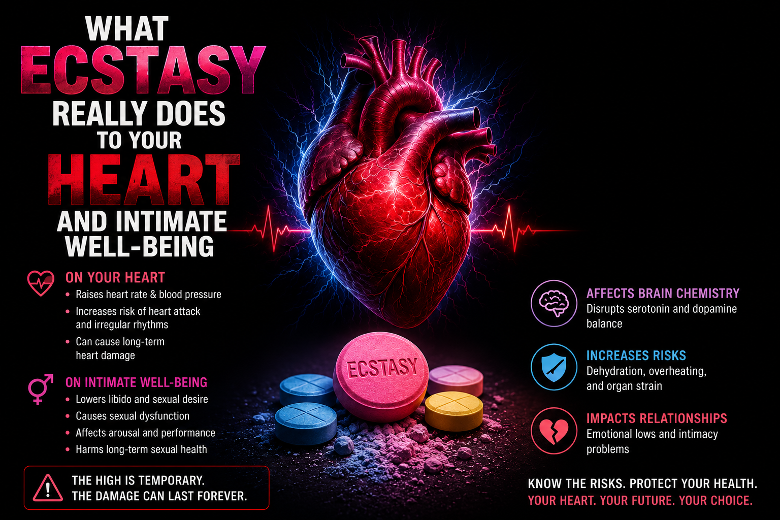 Illustration showing a glowing human heart above ecstasy pills, highlighting the health risks of MDMA on cardiovascular and sexual well-being.