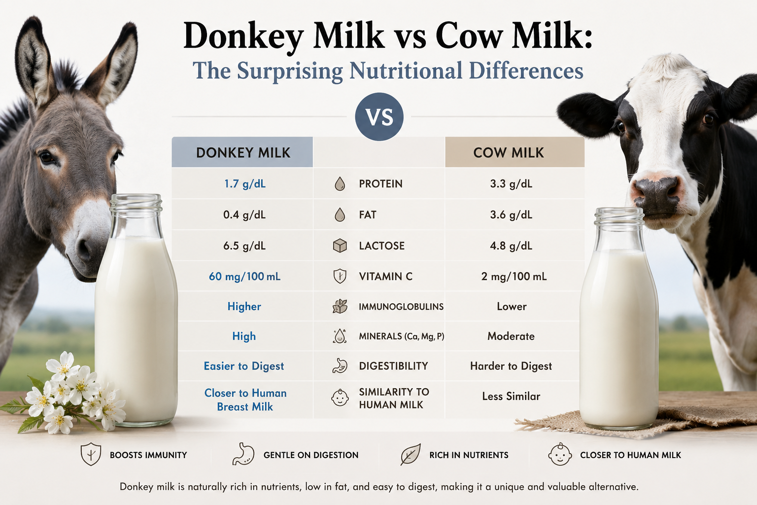 Professional comparison image showing donkey milk and cow milk side by side with a nutritional comparison chart highlighting key differences in protein, fat, lactose, vitamin C, and digestibility.