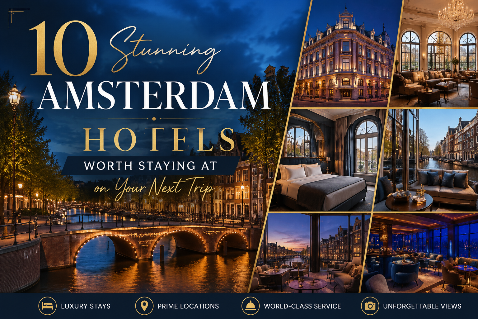 Luxury Amsterdam canal at sunset with a collage of stunning five-star hotels and elegant interiors showcasing the best places to stay in the city.