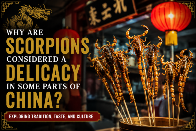 Skewered fried scorpions displayed at a traditional Chinese night market under glowing red lanterns, illustrating a unique regional street food delicacy.