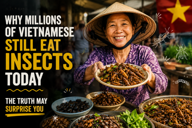 Vietnamese woman wearing a traditional conical hat presenting a plate of fried edible insects at a bustling local market, highlighting Vietnam’s long-standing insect-eating culture.