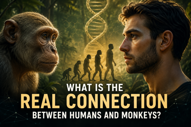 Human and monkey facing each other with a DNA helix and evolution silhouettes illustrating the scientific connection between humans and primates.