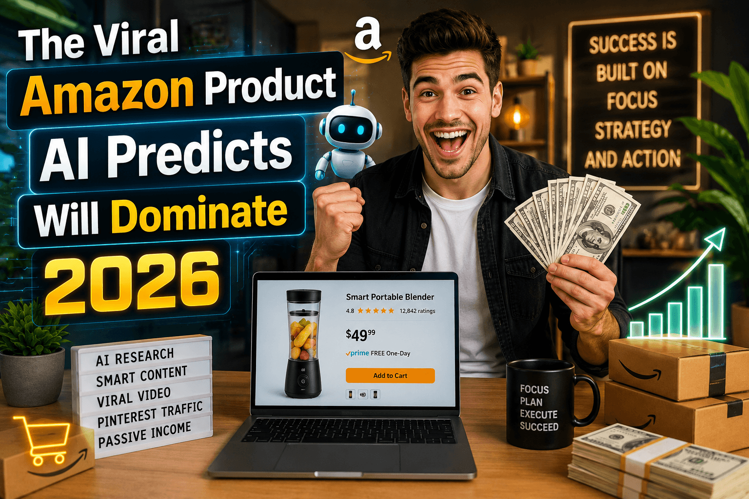 Happy young affiliate marketer celebrating online success with Amazon product promotion, AI marketing tools, Pinterest traffic strategy, and growing income in 2026.