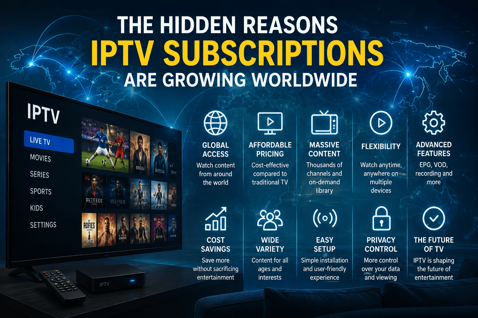 Modern IPTV streaming interface displayed on a smart TV with a global digital network background, illustrating the worldwide growth of IPTV subscriptions.