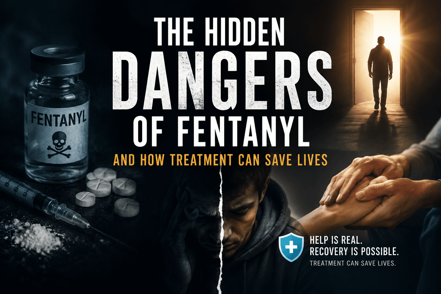 Fentanyl addiction awareness poster showing opioid dangers, overdose risks, emotional distress, and hope through professional treatment and recovery support.
