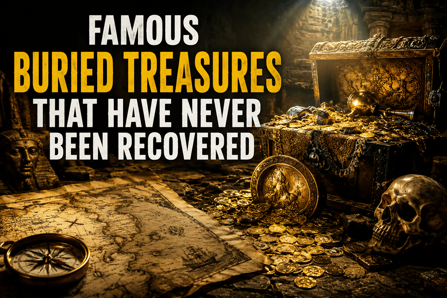Ancient treasure chest overflowing with gold coins and artifacts inside a mysterious underground chamber, representing famous buried treasures that remain undiscovered.