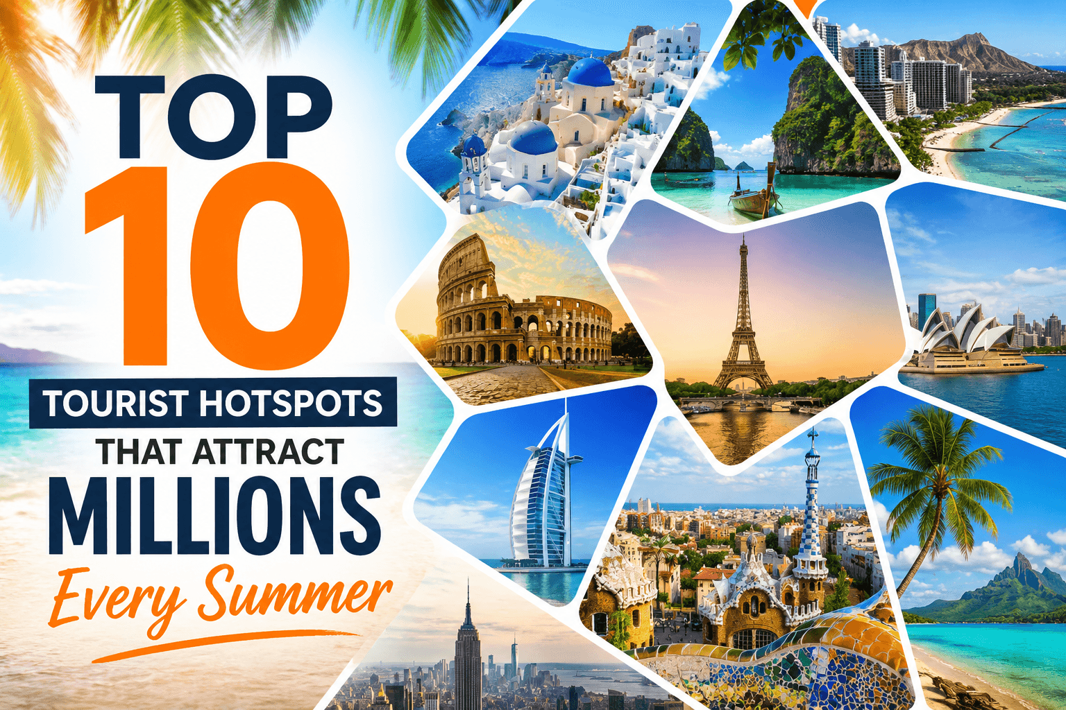 Top 10 tourist hotspots around the world featuring famous landmarks, tropical beaches, and popular summer travel destinations.