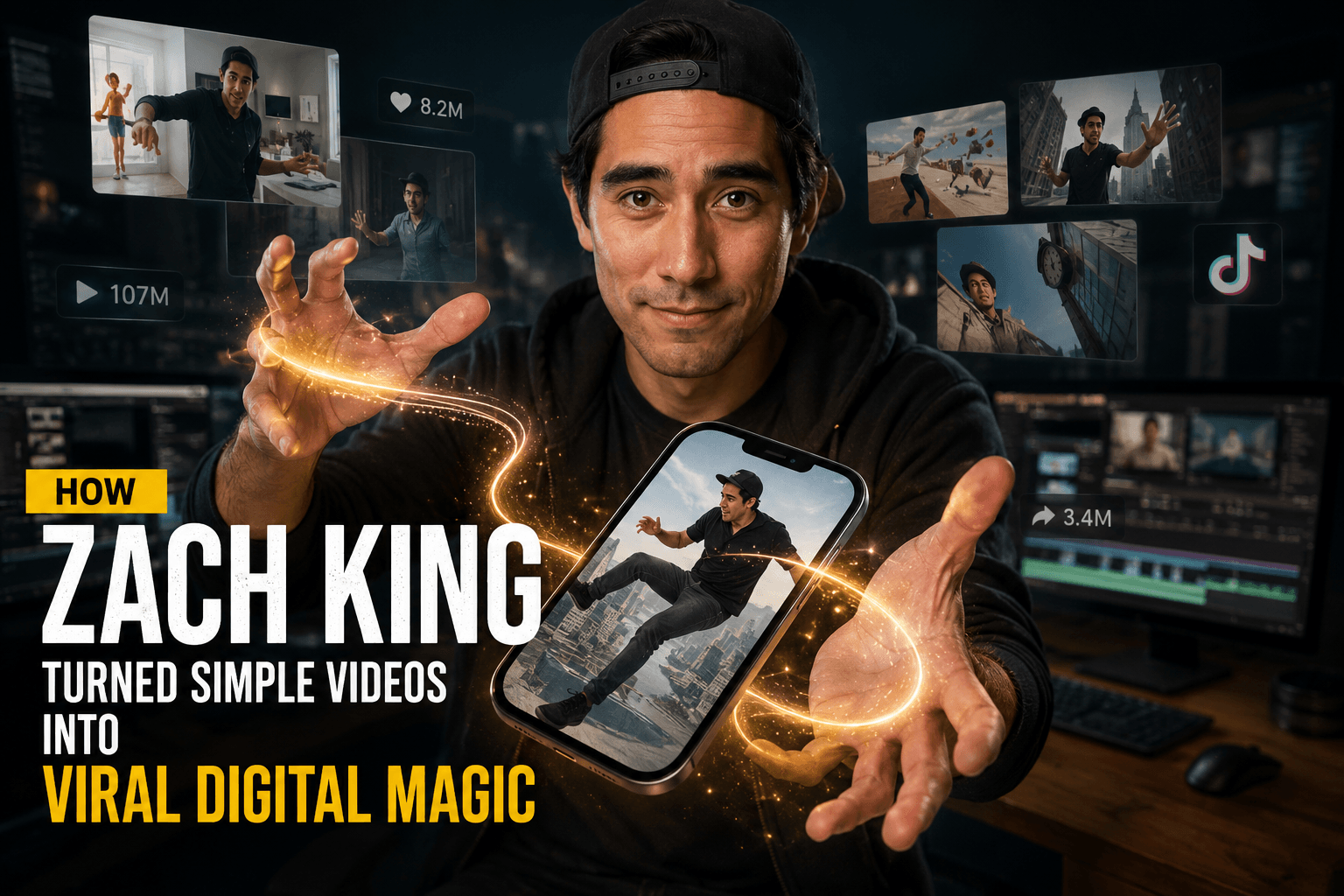 Zach King performing a stunning digital magic illusion with a floating smartphone, cinematic visual effects, and viral social media content displayed around him.