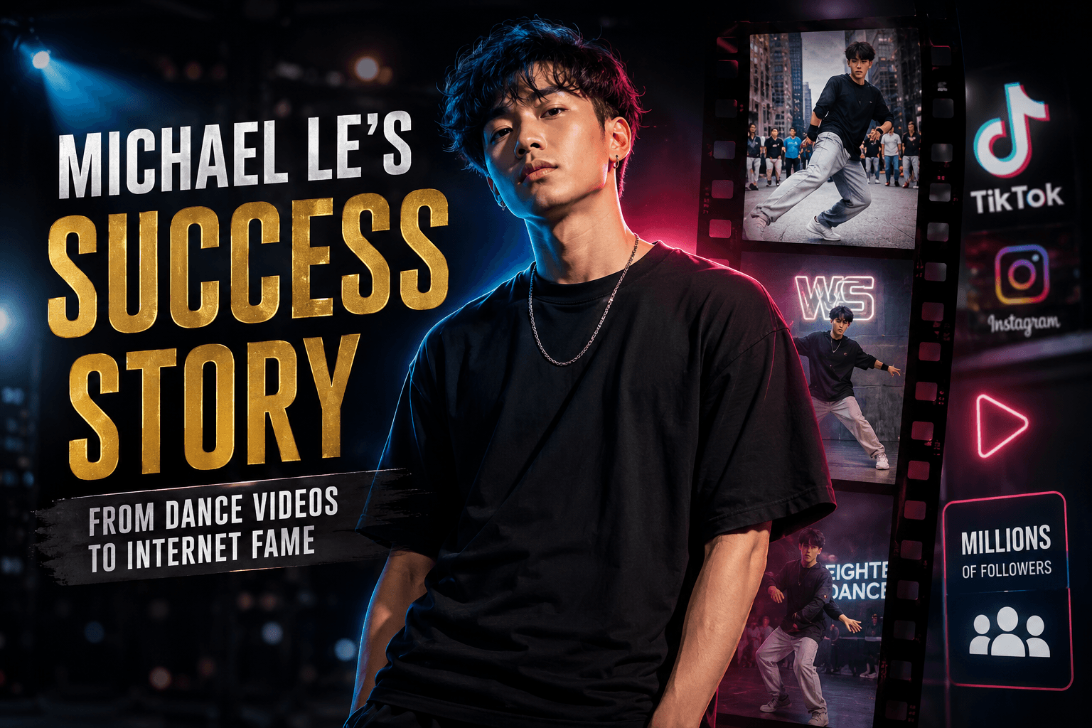 Michael Le posing confidently with dynamic dance scenes and social media elements highlighting his journey from dance videos to internet fame.