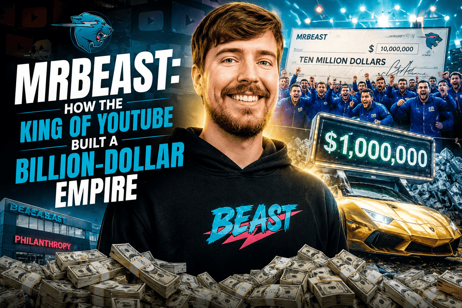 MrBeast smiling in front of stacks of cash, luxury cars, and YouTube-themed visuals representing his billion-dollar empire and online success.