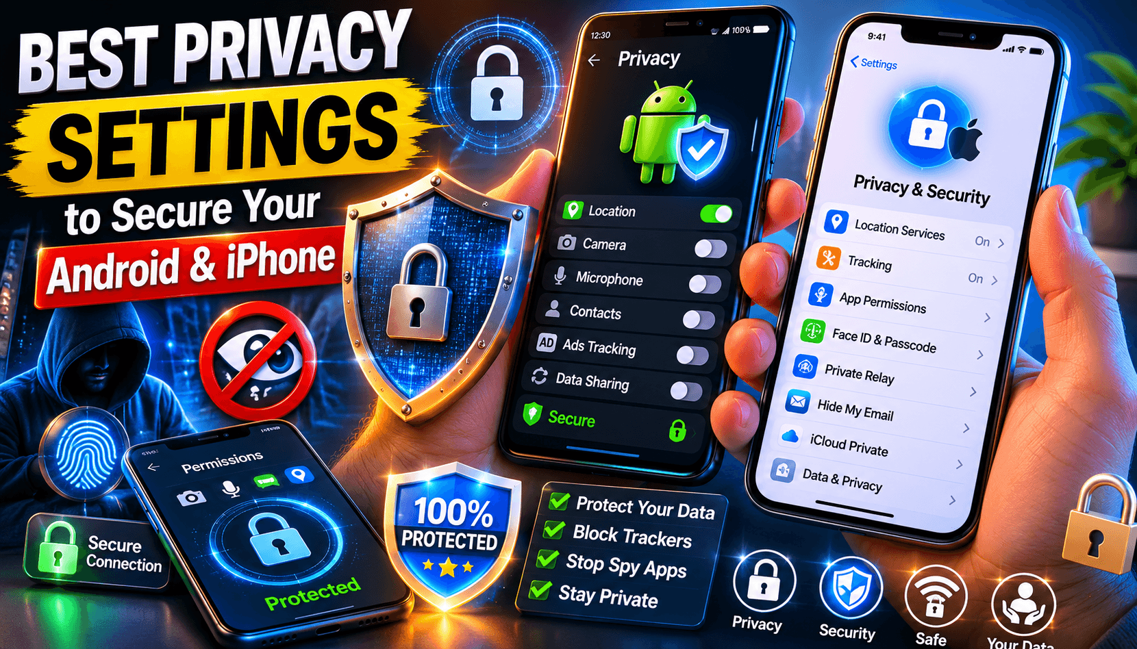 Best Privacy Settings to Secure Your Android and iPhone with advanced security controls, app permissions, tracking protection, and privacy features displayed on modern smartphones.