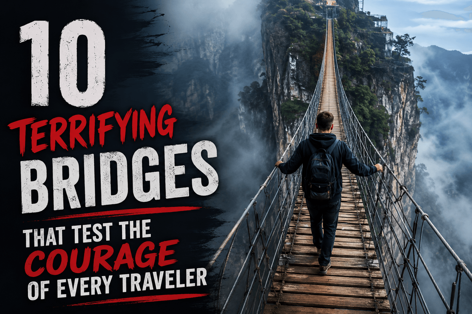 A dramatic suspension bridge hanging over a deep mountain canyon, with a lone traveler crossing through mist and clouds, symbolizing courage and adventure.