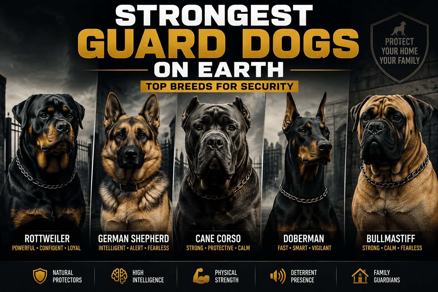 Strongest Guard Dogs on Earth featuring Rottweiler, German Shepherd, Cane Corso, Doberman, and Bullmastiff in a professional security-themed design.