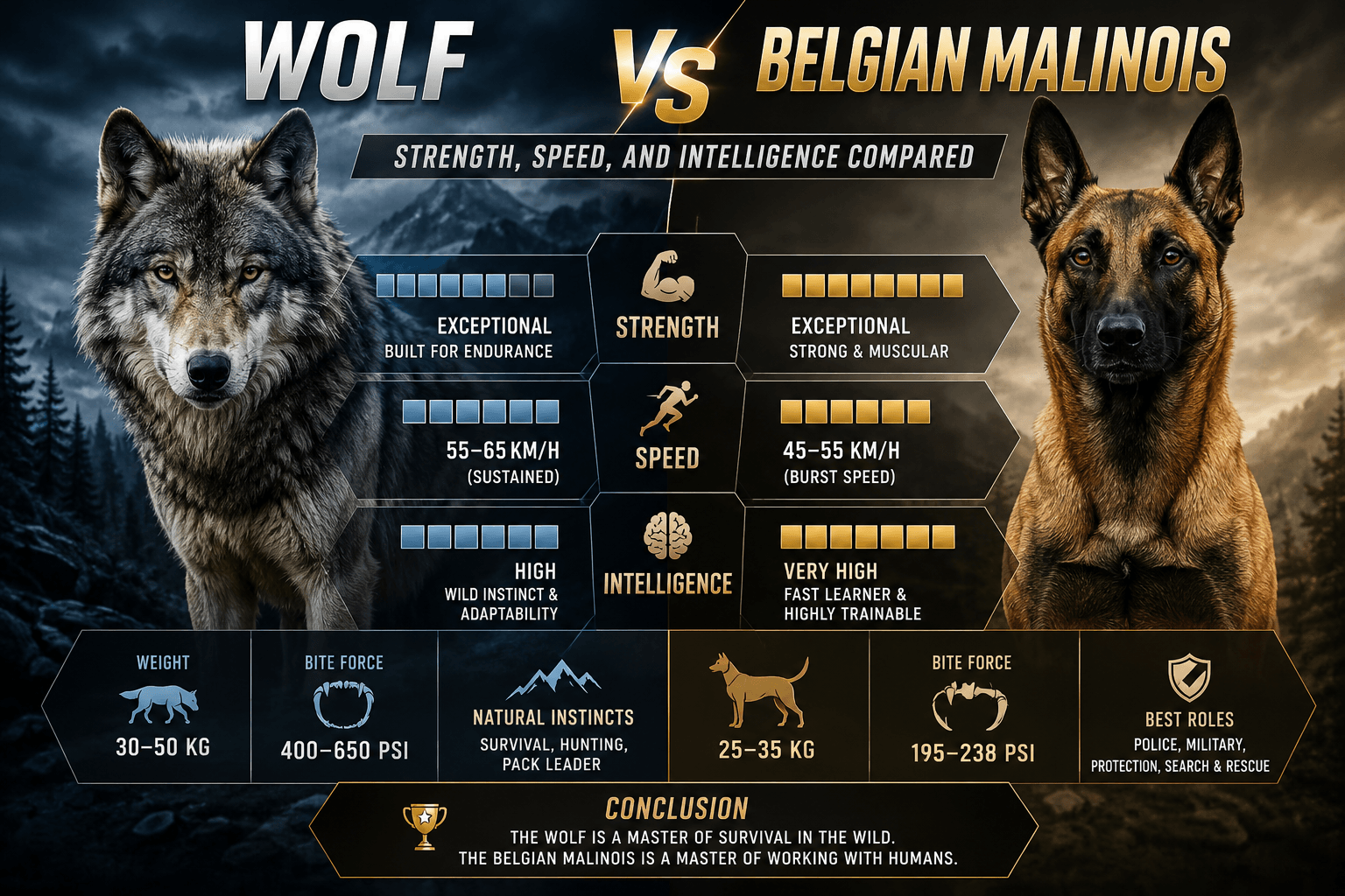 Wolf vs Belgian Malinois comparison infographic showing strength, speed, intelligence, bite force, and physical characteristics in a professional side-by-side design.