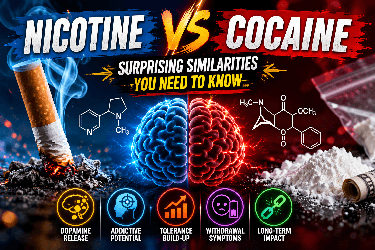 Nicotine vs Cocaine infographic comparing the surprising similarities between nicotine and cocaine, including addiction potential, dopamine release, withdrawal symptoms, tolerance, and long-term health effects.