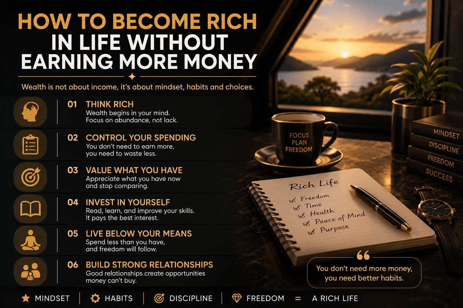 How to Become Rich in Life Without Earning More Money infographic showing wealth-building habits, mindset, discipline, relationships, and personal growth instead of increasing income.