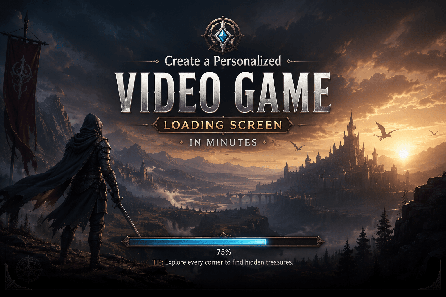 Create a Personalized Video Game Loading Screen in Minutes – cinematic fantasy game loading screen with epic castle, warrior silhouette, dramatic sunset, and professional loading bar design.