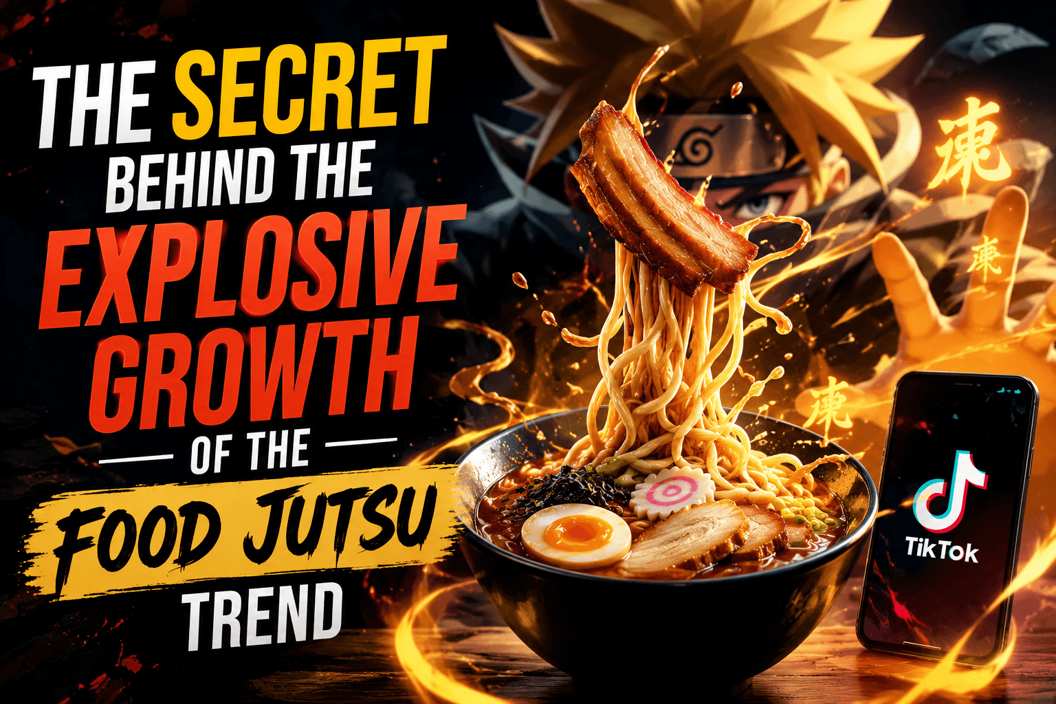 Food Jutsu Trend thumbnail featuring anime-inspired food effects, ramen bowl, fiery visual effects, and TikTok-themed viral content design.