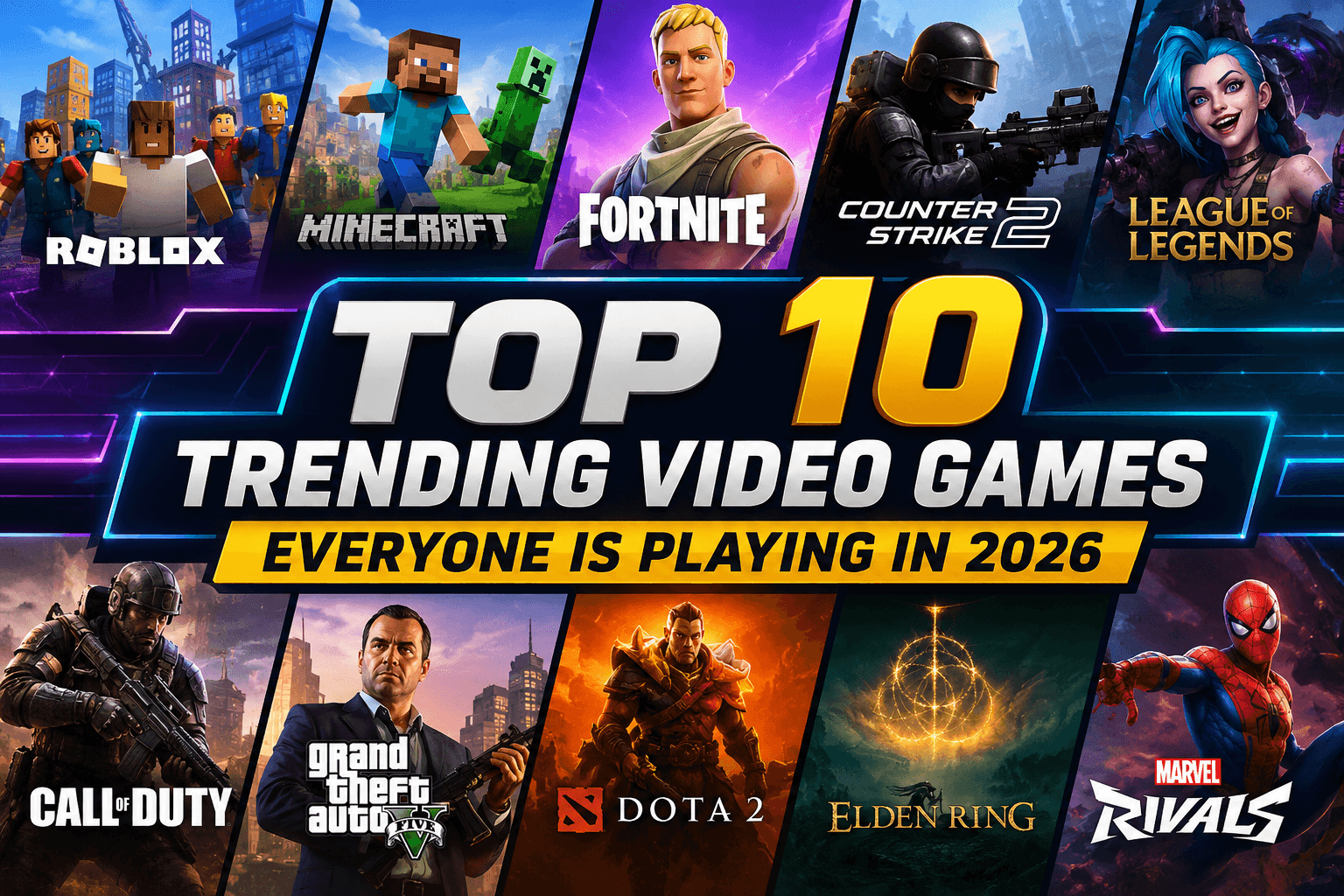 Top 10 trending video games of 2026 featuring Roblox, Minecraft, Fortnite, Counter-Strike 2, League of Legends, Call of Duty, Grand Theft Auto V, Dota 2, Elden Ring, and Marvel Rivals in a colorful gaming collage.