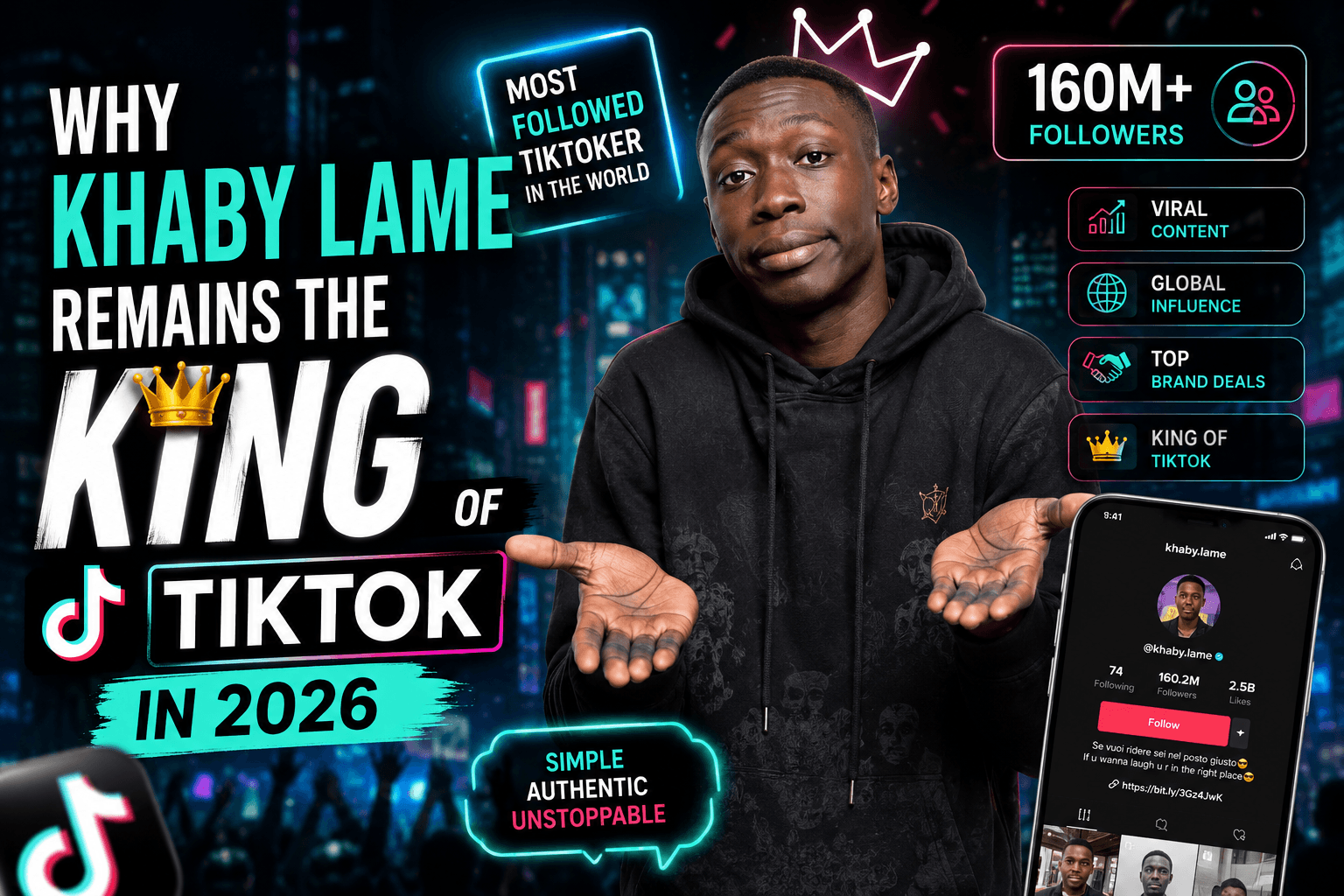 Khaby Lame standing confidently in a modern TikTok-themed digital environment with social media icons and a futuristic 2026 background.