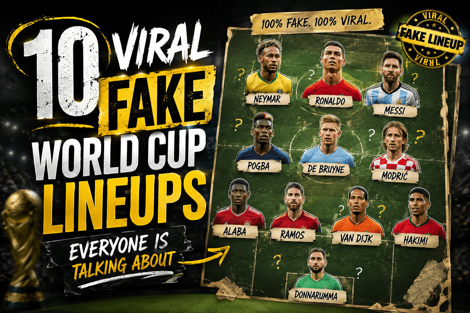 10 Viral Fake World Cup Lineups thumbnail featuring famous football stars arranged on a tactical board with bold yellow and white text, fake lineup stamp, and World Cup trophy in the background.